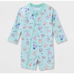 Disney Winnie the Pooh Full Zip Long Sleeve Rash Guard Unisuit Green Size 6 Mos